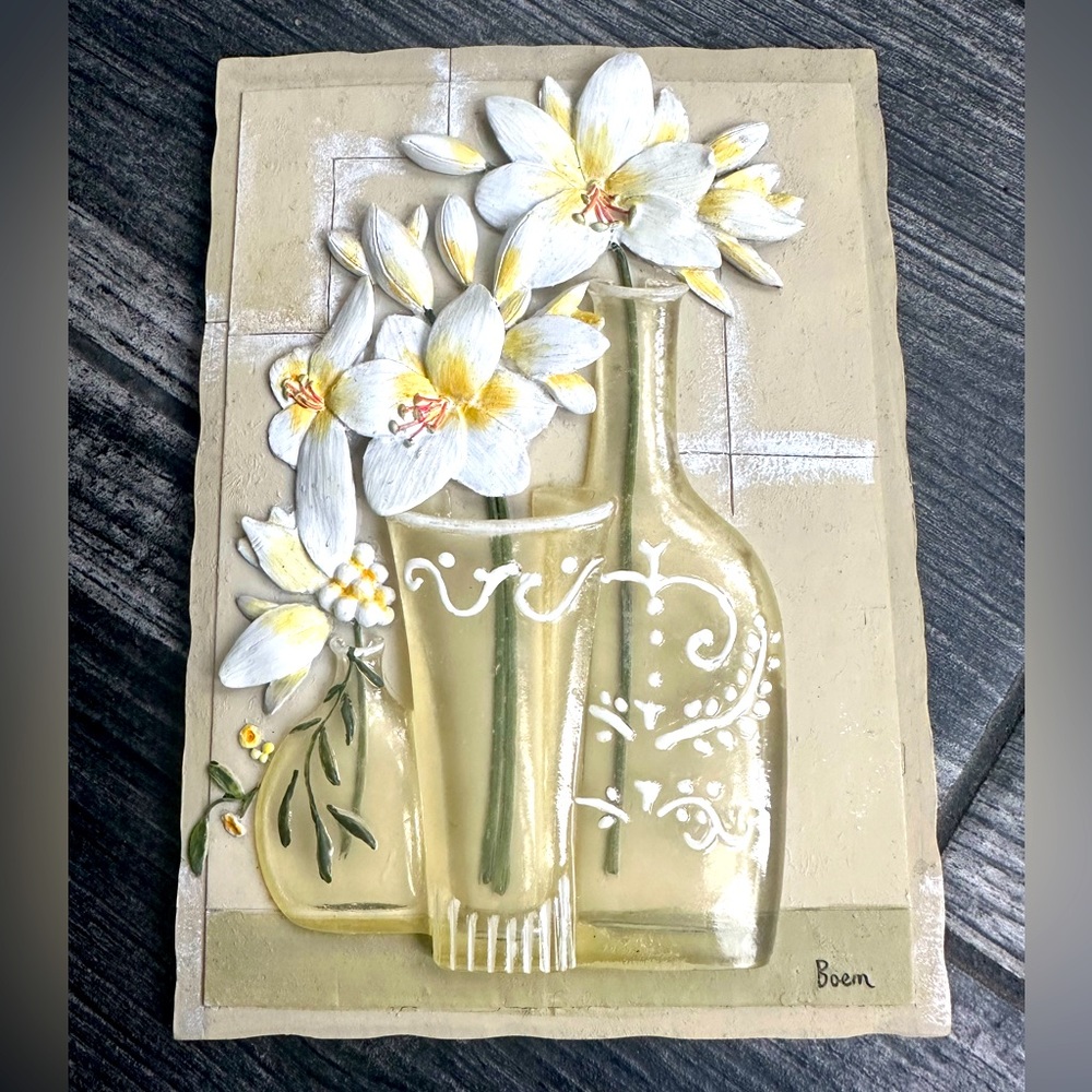 Vintage 3D Wall Art Floral Tiles White Floral in Resin Vases by Boem